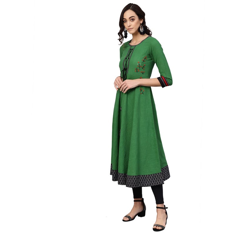 Yash Gallery Women's Cotton Slub Embroidered 3/4 Sleeve Round Neck Anarkali Kurtis (Medium, Green) - Image 3